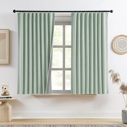 RAIN CITY Light Green Linen Blackout Curtains 45 Inch Long for Living Room,2 Panels Pinch Pleated Drape with Hooks Back Tab Boho Decor, Textured Full Black Out Curtains for Bedroom 50 x 45