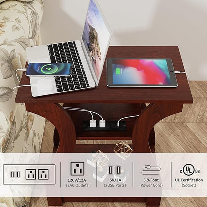 End Tables Living Room Set of 2,Cherry End Table with Charging Station,Side Table, Nightstand for Bedroom, 3 Tier End Table with Storage Shelf for Living Room(Cherry)