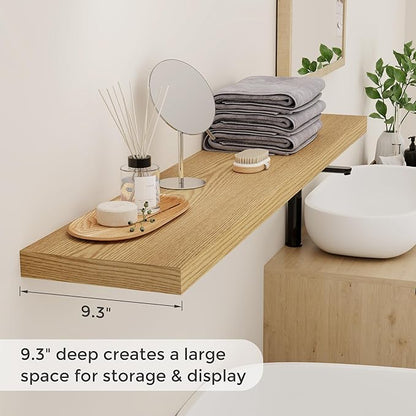 48 Inch Floating Shelves Set of 2, Rustic 48 x 9 Floating Shelf for Wall, 9 Inch Deep Bookshef Invisible Bracket, Wall-Mounted Deep Shelving for Bedroom, Kicten, Living Room, Oak Color
