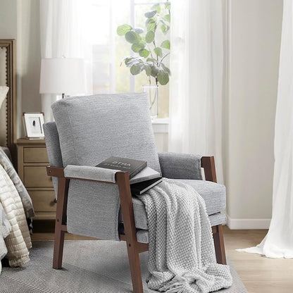 Modern Accent Chair for Living Room Mid Century Arm Chair Upholstered Bedroom Chair Comfy Lounge Chair with Solid Wood Frame, Grey