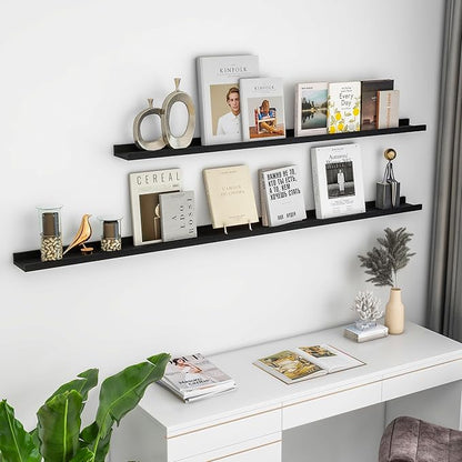 Solid Ash Wood Picture Ledge Shelf, Floating Shelves Set of 2, 56 Inch Long Large Ledge Shelves, Nursery Book Shelves Wall Mounted for Living Room Bedroom Kitchen Decor Kids Bookshelf, Black