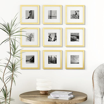 Vittanly 8x8 Picture Frames Set of 9, Shatter Resistant Plexiglass, Display 4x4 Pictures with Mat or 8x8 without Mat, Photo Frames for Wall Mount, Engineered Wood, Gold