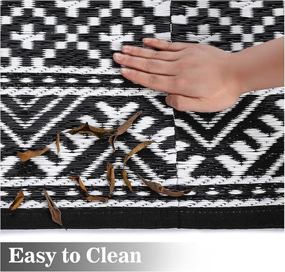 GAOMON Outdoor Rugs Patio Camping Waterproof Rug 6'x9' Plastic Straw Patio Rug Portable for Campers, Outside RVs Mat for Patios Clearance, Backyard Porch, Balcony, Black/White(Bohemia)