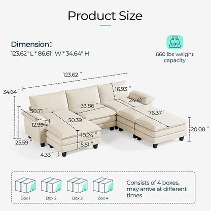LINSY HOME Modular Sectional Sofa - 123'' Oversized Sleeper Sofa Cloud Couch Corduroy Sofa Bed with Movable Ottoman Soft Modern Comfy Couch for Living Room Apartment Office, Beige
