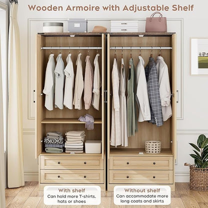 Brafab Wooden Armoire Wardrobe Closet with 2 Modern Doors, 71" Tall Freestanding Closet Wardrobe Cabinet with Drawers and Hanging Rail, Storage Cabinet with Shelve for Bedroom (Natural, 2 Doors)
