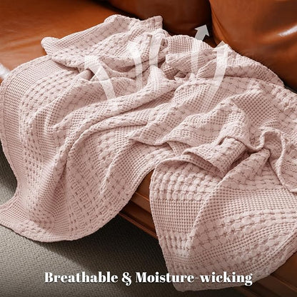 PHF 100% Cotton Waffle Weave Throw Blanket, Soft Lightweight Breathable Cozy Summer Throws for Couch Bed Sofa, Luxury Aesthetic Woven Blanket for Home Decor & Office, 50"x60", Pink/Mauve