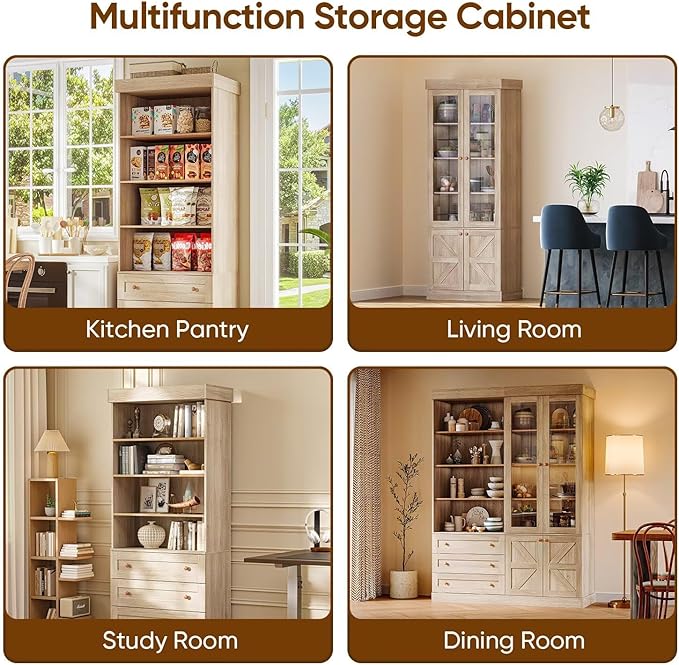 Vyre 71" Tall Farmhouse Bookshelves with Glass Doors, Set of 3 – Large Modular Bookcase with Adjustable Shelves, Storage Cabinet for Living Room, Kitchen, Home Office, Brown