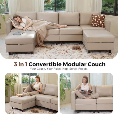 118.5" Faux Leather Modular Sectional Sofa, L Shaped Couch Set for Living Room, 5-Seater Comfy Cloud Couches with Movable Storage Ottoman,DIY Combination - Whitesand