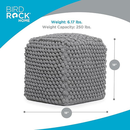 BIRDROCK HOME Buds Pouf Foot Stool Ottoman - Knit Bean Bag Floor Chair - Cotton Braided Cord - Great for The Living Room, Bedroom and Kids Room - Small Furniture (Grey - Buds)
