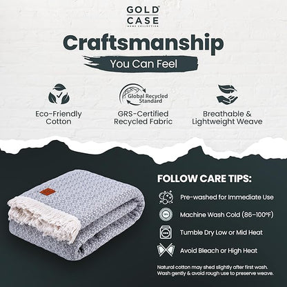 Gold Case Throw Blanket for Bed – 100% Recycled Turkish Cotton Bed Blanket – Decorative Throw Cotton Blankets for Living Room & Bedroom – Woven Twin Blankets - 71x90 - Grey