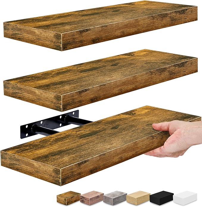 Sorbus Floating Shelves for Wall, Bathroom Shelves Wall Mounted for Kitchen, Bedroom, Bathroom Storage Over Toilet, Hanging Book Shelf for Wall Home Decor Living Room (Rustic Brown, 3 Pack)