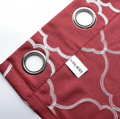 MIUCO Moroccan Embroidery Semi Sheer Curtain Panels Faux Linen Grommet Curtains for Kids Room 52 x 95 Inch 2 Panels, Burgundy
