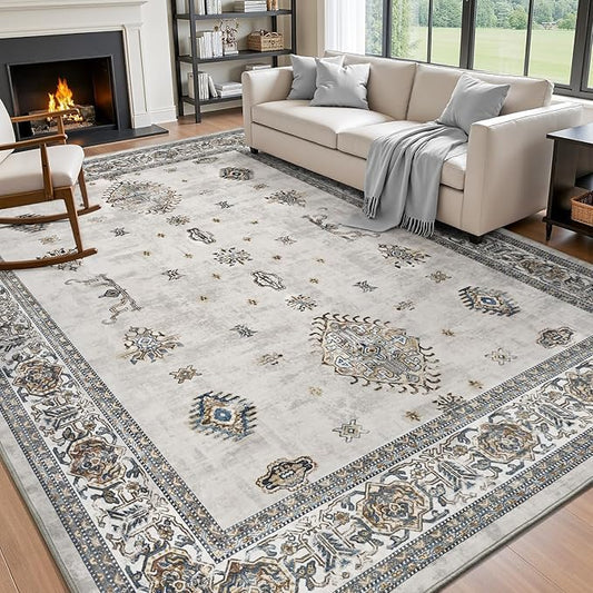AMOAMI-Vintage Area Rug 6X9 Grey Rugs for Living Room-Soft Living Room Rug Non Slip Rugs for Bedroom Carpet Machine Washable Rug for Dining Room Bedside Office Room Decor