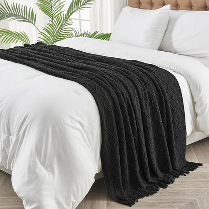 inhand Knitted Throw Blankets for Couch and Bed, Soft Cozy Knit Blanket with Tassel, Black Lightweight Decorative Blankets and Throws, Farmhouse Warm Woven Blanket for Men and Women, 60"x80"