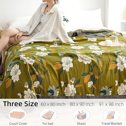 Boho Throw Blanket for Bed - 100% Pure Cotton Ultra Soft Rustic Quilt - Farmhouse Decor Bed Blankets, All Season Rustic Throw for Sofa Couch Chair(80''x 90'', Flower Branch)