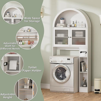 Over The Toilet Storage Cabinet, 31''W Arched Space-Saving Bathroom Organizer with Adjustable Shelf and Acrylic Doors, Freestanding Over Toilet Cabinet for Bathroom, Laundry, Restroom (White)