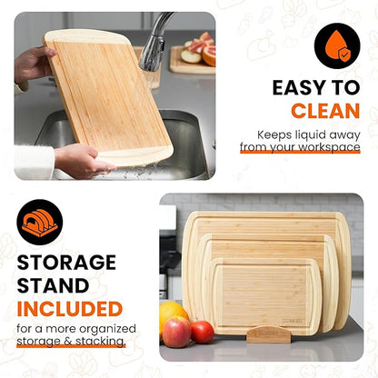 Bamboo Cutting Board Set – Charcuterie & Chopping Boards for Kitchen, Large & Small Sizes, Safe Cutting Boards for Meat, Cheese, Pizza – Home & Kitchen Gift Idea