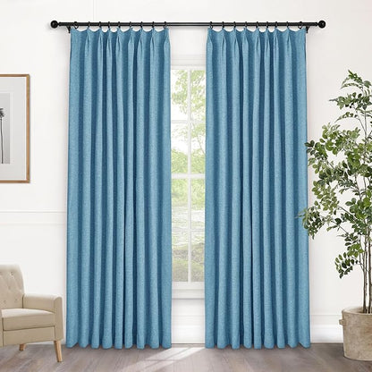Macochico 52”Wx96”L 100% Blackout Curtains for Bedroom Living Room Nursery Blue Pinch Pleated Linen Curtains Farmhouse Burlap Drapes Thermal Window Panels with Hooks and Tieback 1 Panel