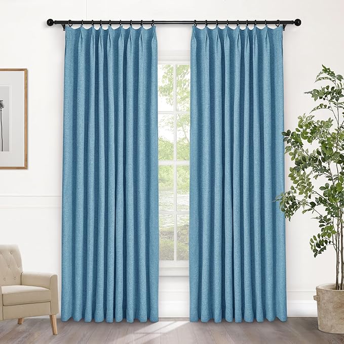 Macochico Pinch Pleated 100% Blackout Curtains Blue Linen Curtains for Bedroom Living Room Farmhouse Thermal Insulated Window Panels Pleated Curtains with Hooks and Tieback 52”Wx72”L 1 Panel