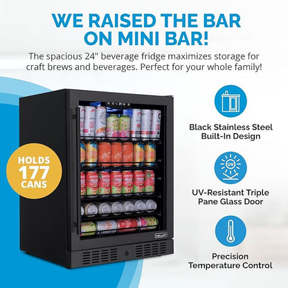 Newair 24" Beverage Refrigerator 177 Can Capacity, Black Stainless Steel Mini Fridge with Built-in Cooler and Glass Door, Cool your Soda, Beer, and Beverages to 37F