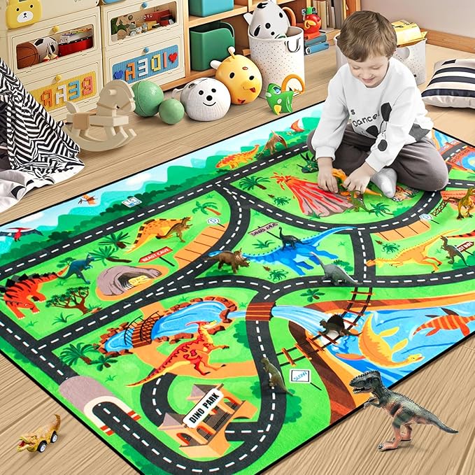 Kids Rug, Car Carpet for Kids' Toy Cars, 6x9 Ft Dinosaur Rug, Dino Safari Road Mat for Playroom, Educational Learning & Game Area Baby Play Mat Carpet for Children