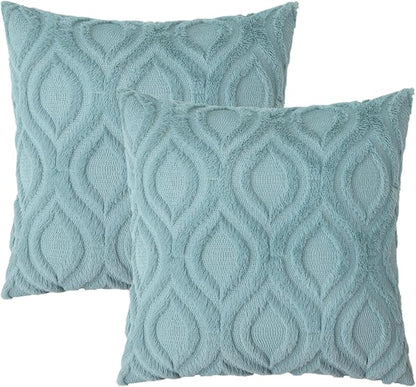 decorUhome Fall Throw Pillow Covers 22x22 Inch Set of 2, Soft Plush Decorative Faux Fur Aqua Solid Couch Pillow Covers, Accent Farmhouse Neutral Square Euro Pillow Cases for Sofa Bed Living Room
