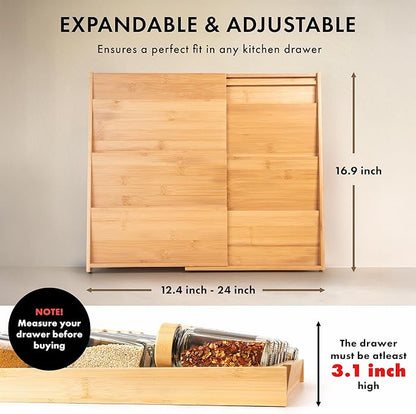 Bamboo Spice Drawer Organizer - Expandable 4 Tier Spice Rack (Need 3" Deep Drawer) 12" to 24" Wide, Seasoning Organizer, Organization Seasoning Rack insert (Jars Not Included)