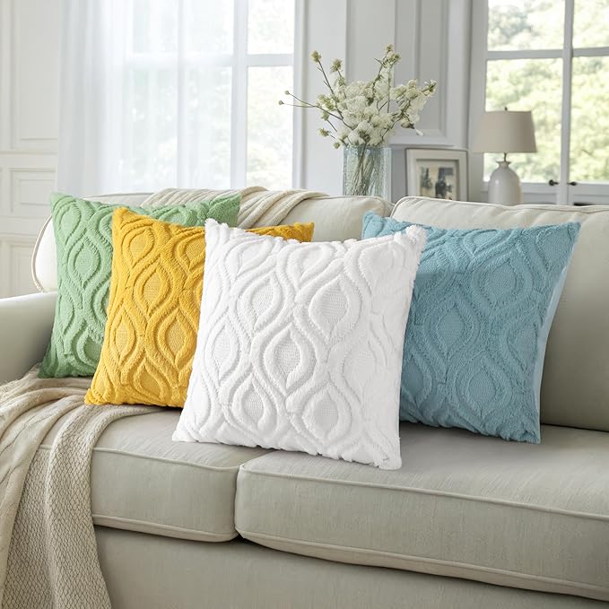 decorUhome Fall Throw Pillow Covers 16x16 Inch Set of 2, Soft Plush Decorative Faux Fur White Solid Couch Pillow Covers, Accent Farmhouse Neutral Square Euro Pillow Cases for Sofa Bed Living Room
