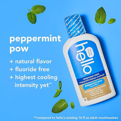 hello Empower-Mint Fluoride Free and Alcohol Free Mouthwash, Non Alcoholic Mint Mouthwash Pack, Peppermint Pow, 3 Pack, 16 Fl Oz Bottles