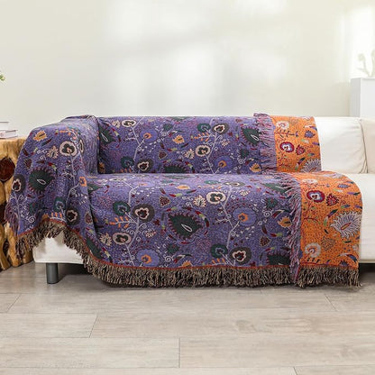 Boho Throw Blanket for Bed,100% Ultra Cotton Soft Breathable Bed Throw Floral Printed Farmhouse Decor Rustic Bed Throws for Couch Sofa Quilt Purple Flowers 60" x 80"