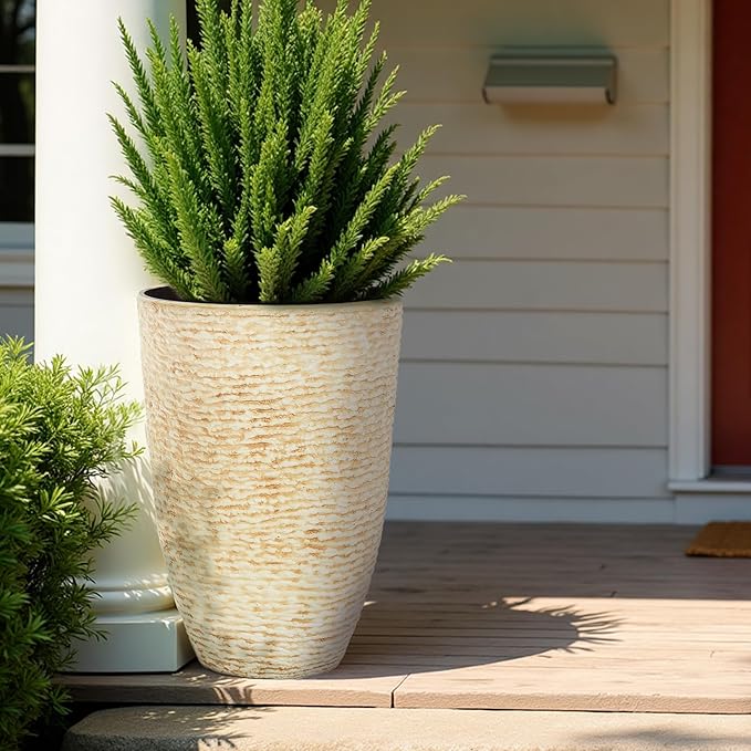Worth 9 Gallon Tall Round Planters Set of 2-14" Dia x 21" H Stone Finish Flower Pots Indoor Decorative Container Garden Patio Unbreakable Beige