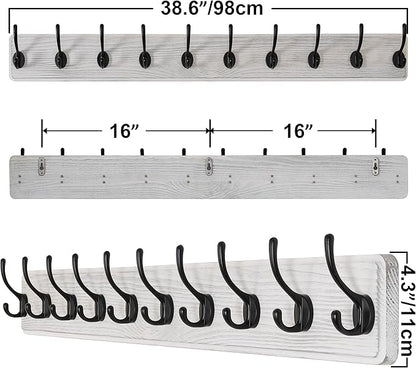 SKOLOO Rustic Wall Mounted Coat Rack, Case of 2, Pine Solid Wood Coat Hook Hanger - 10 Hooks for Hanging Clothes Robes Towels Coats