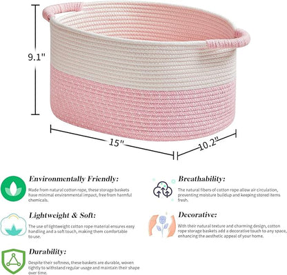 Storage Baskets for Organizing | 15"x10.2"x9.1" - 1 Pack Nursery Bin with Handles - Woven Cotton Rope Baskets for Dog Toys, Books, Shelf, Bathroom,Closet -Pink Basket for Girls