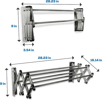 AERO W Racks Stainless Steel Wall Mounted Collapsible Laundry Clothes Drying Rack 45 Pound Capacity 11 Linear Ft