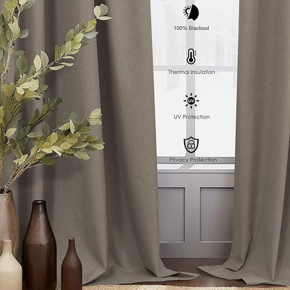 Brown Blackout Curtains 90 Inch Length Thick Linen Patio Drapes for Insulated Sliding Glass Doors Cute Curtains for Nursery Bedroom Aesthetic Modern Farmhouse Decor Back Tab 2 Panels Set 7.5 ft Long