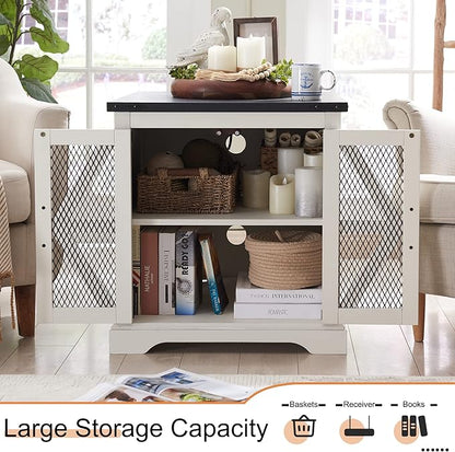 JXQTLINGMU Farmhouse End Table, 24" Large Sofa Side Table with Charging Station, Mesh Barn Door, and Adjustable Storage Shelf, Rustic Wood Square Nightstand for Living Room, Bedroom, Office, White