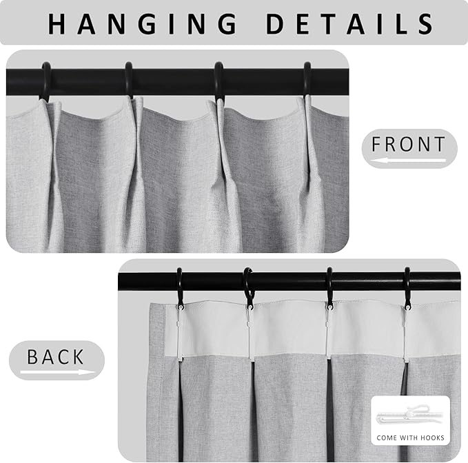 Macochico Extra Wide 100% Blackout Linen Curtains for Sliding Door Pleated Curtains with Hooks Insulated Soft Linen Drapes for Bedroom Living Room with Tieback Silver Grey 100”Wx84”L 1 Panel
