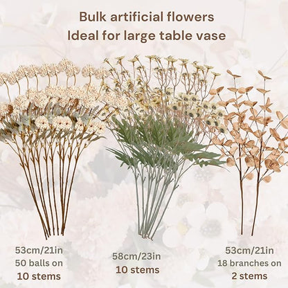 Beige Silk Flower Arrangements For Home Decor, Large Floral Centerpieces For Tables, Fake Mums + Eucalyptus + Wild Flowers in Bulk, Long Stem Artificial Flowers Coffee Dining Table, Faux Mums Flowers