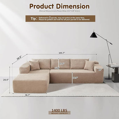 ovios 104" Cloud Sectional Couch with L-Shape Chaise,Modern Modular Sofa with Deep Seat, Upholstered Couches for Living Room Bedroom,No Assembly Required, Camel (Corduroy Fabric)