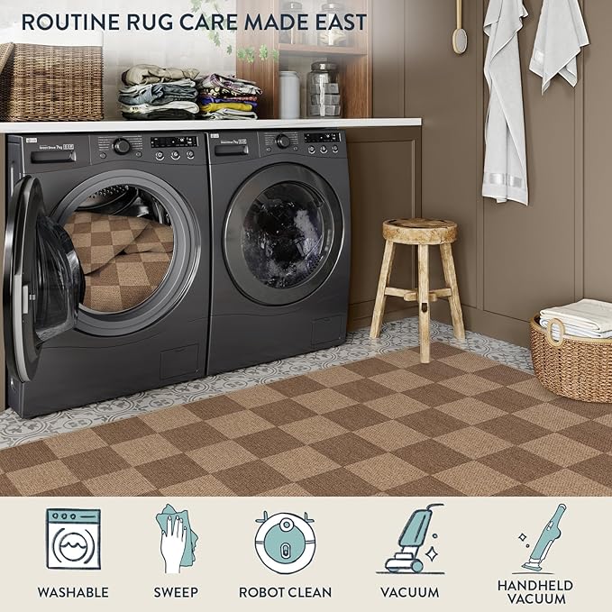 Lahome Checkered Easy Jute Kitchen Runner, 2x8 Washable Indoor Outdoor Runner Rug, Checkerboard Non Slip Non Shedding Neutral Carpet for Hallway Entryway Foyer