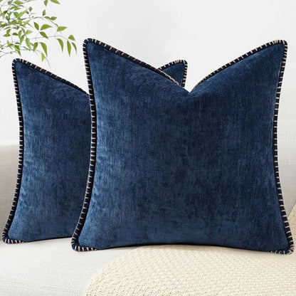 decorUhome Chenille Soft Throw Pillow Covers 24x24 Set of 2, Farmhouse Velvet Neutral Decorative Euro Pillow Covers with Stitched Edge for Couch Sofa Bed Home Decor, Poseidon