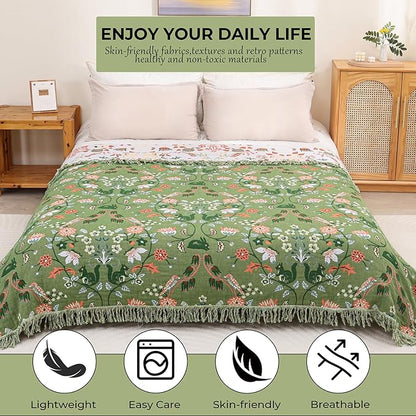 Boho Throw Blanket 80"x90", 100% Cotton Ultra Soft Luxury Throw for Couch and Sofa Blankets Home Decor, All Season Florals and Animals Throw Reversible Breathable Cozy Blankets