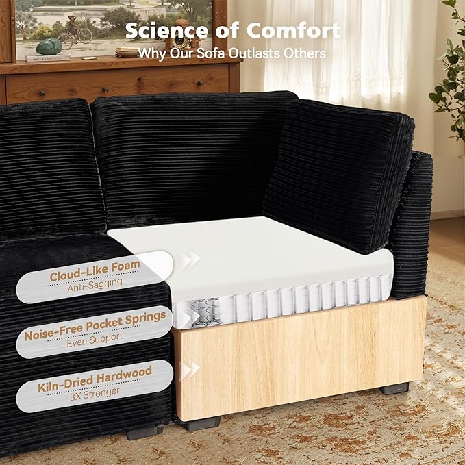 Modular Sectional Sofa with Chaise U Shaped Sectional Couch for Living Room, 5-Seater Comfy Cloud Couches, Plush Corduroy, Black