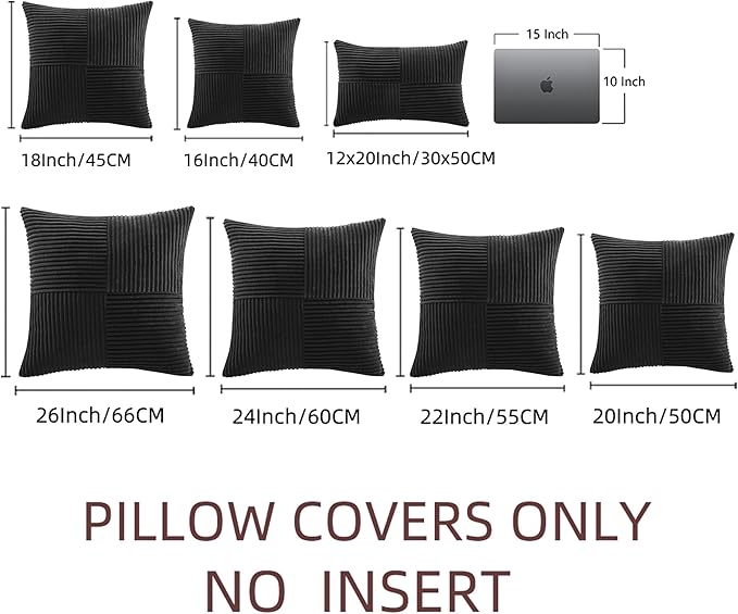 Fancy Homi 2 Packs Black Decorative Throw Pillow Covers 22x22 Inch for Living Room Couch Bed Sofa, Rustic Farmhouse Boho Home Decor, Soft Corss Corduroy Patchwork Accent Square Cushion Case 55x55 cm