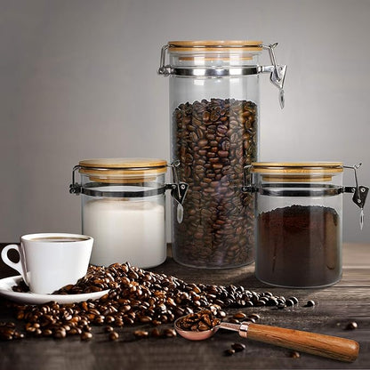 Urban Green Borosilicate Glass Storage Jars with Airtight Locking Clamp Lids, Airtight Canister Set，Coffee Set of 3 with Spoon (50oz, 24oz, 18oz), Storage Containers with Bamboo Lid
