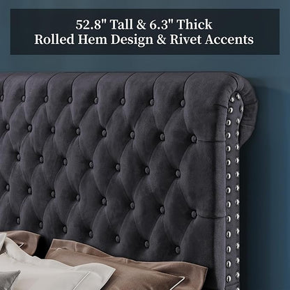 PaPaJet King Size Bed Frame and Headboard Upholstered Bed Frame King with 52.8” Tall Headboard/Dark Grey
