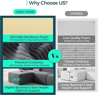 LINSY HOME Oversized Modular Sectional Sofa, 105" Cloud Couch L Shaped 3-Seat Sofa with Ottoman, Corduroy Deep Seat Modular Couches for Living Room, No Assembly Required, Bluish Grey
