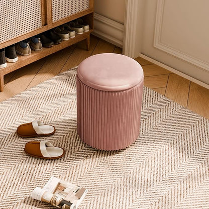 Ottoman with Storage Set of 2, Velvet Storage Ottoman, Upholstered Sponge Vanity Stool Support 300lbs, Multifunctional Coffee Table Foot Rest Ottomans for Living Room Bedroom, Pink