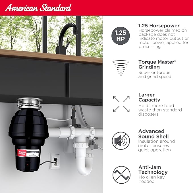 American Standard 10-US-AS-12 Garbage Disposal Anti-Jam Stainless Steel Food Waste Grinding System, Heavy Duty, 1.25 HP, Black