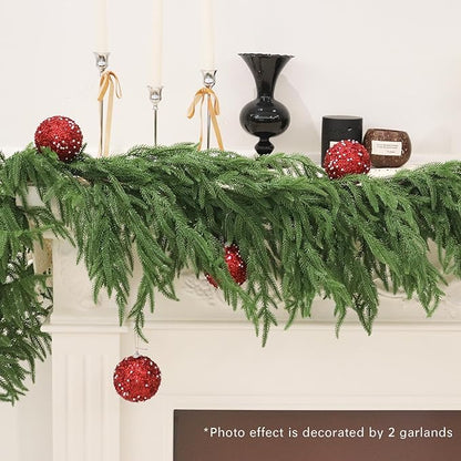 2PCS 9FT Christmas Garland Norfolk Pine Garland Real Touch Artificial Greenery Garland for Mantle Fireplace Table Indoor Outdoor Decor (Full)